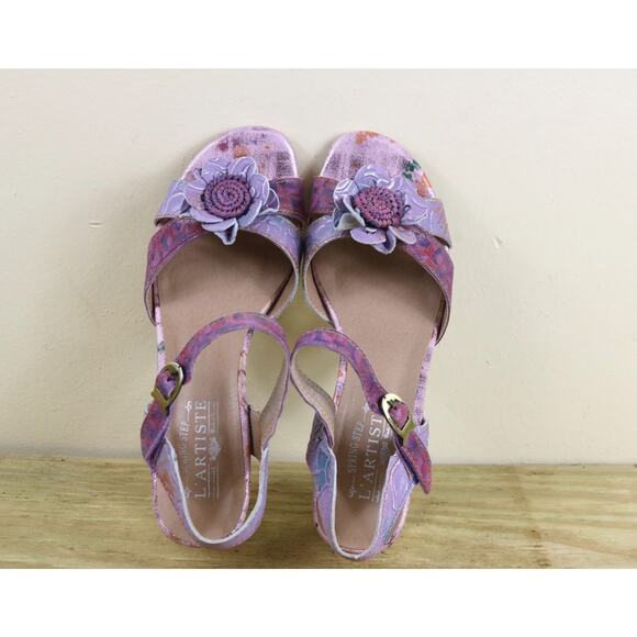 New L' Artiste Sandals 40 Leather Difi Floral Embellishment Gold Block Heel - Picture 6 of 12